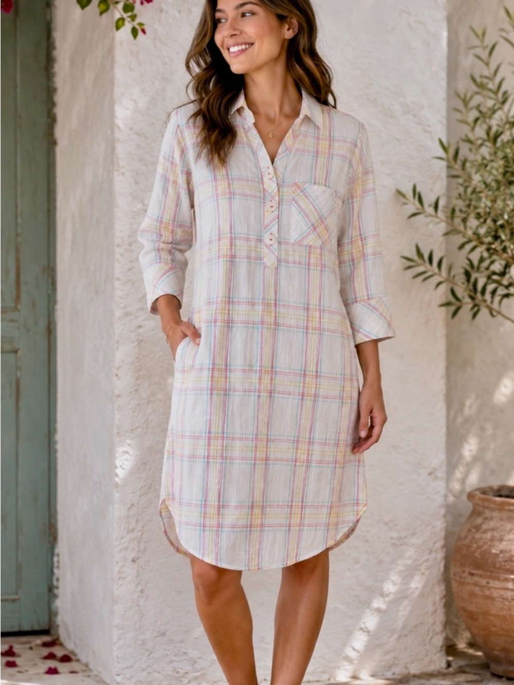 NWT Foxcroft Pastel Plaid Button-Front Shirtdress Classic Plaid Casual Size 14W